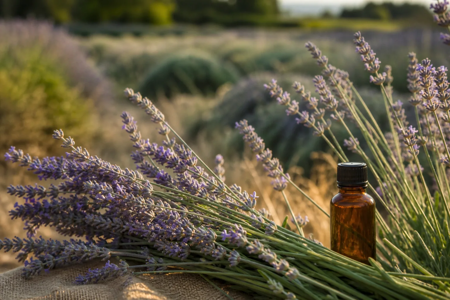 Ramas frescas de lavanda y un frasco ámbar en un campo iluminado por el sol