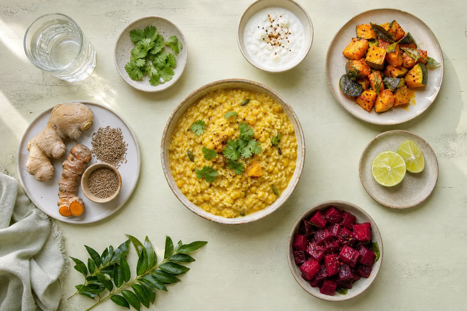 Mesa cenital luminosa con cereales, legumbres, verduras, especias y preparaciones vinculadas a la alimentación ayurvédica