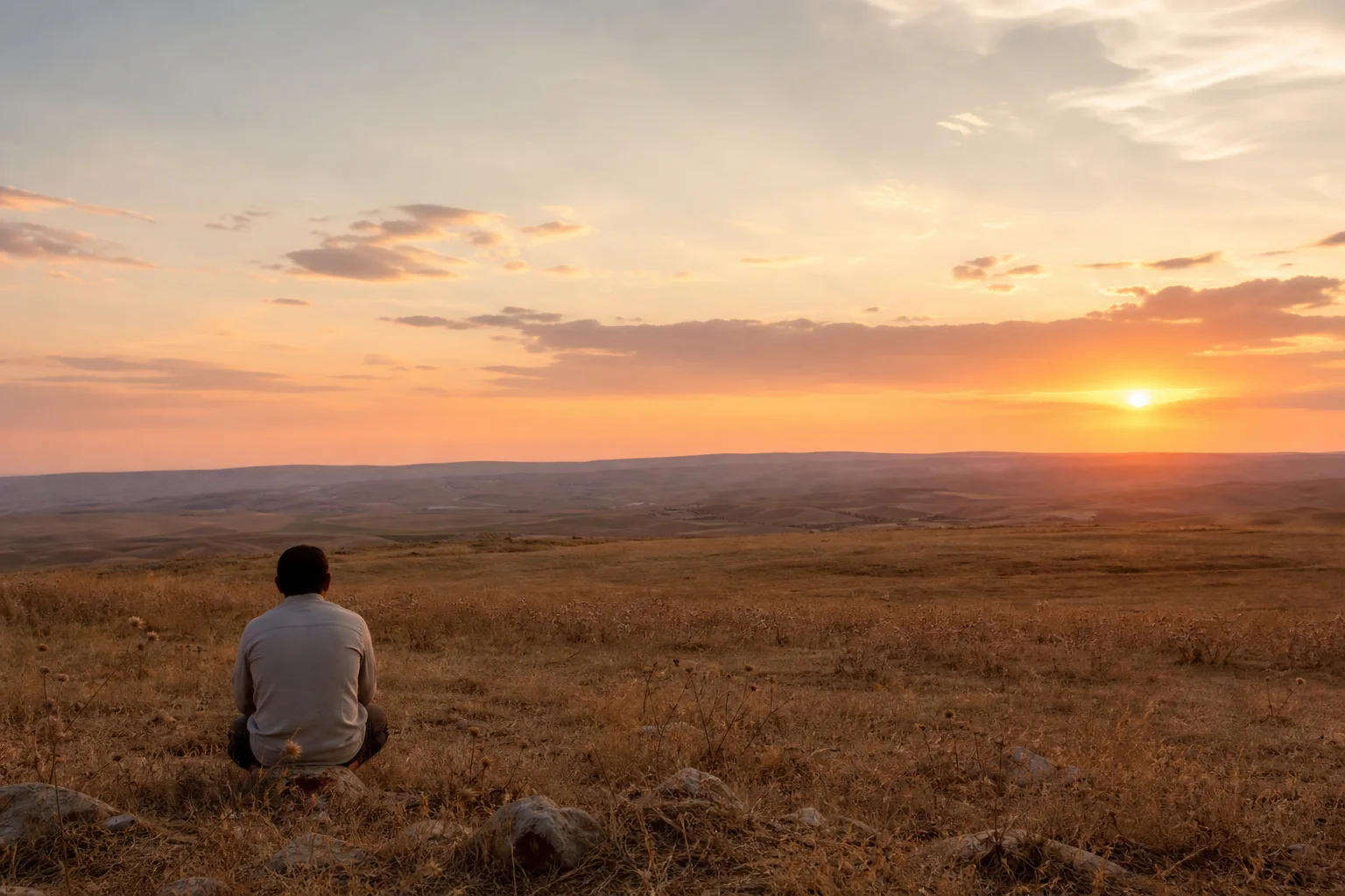 Figura contemplativa ante un horizonte cálido y amplio al atardecer