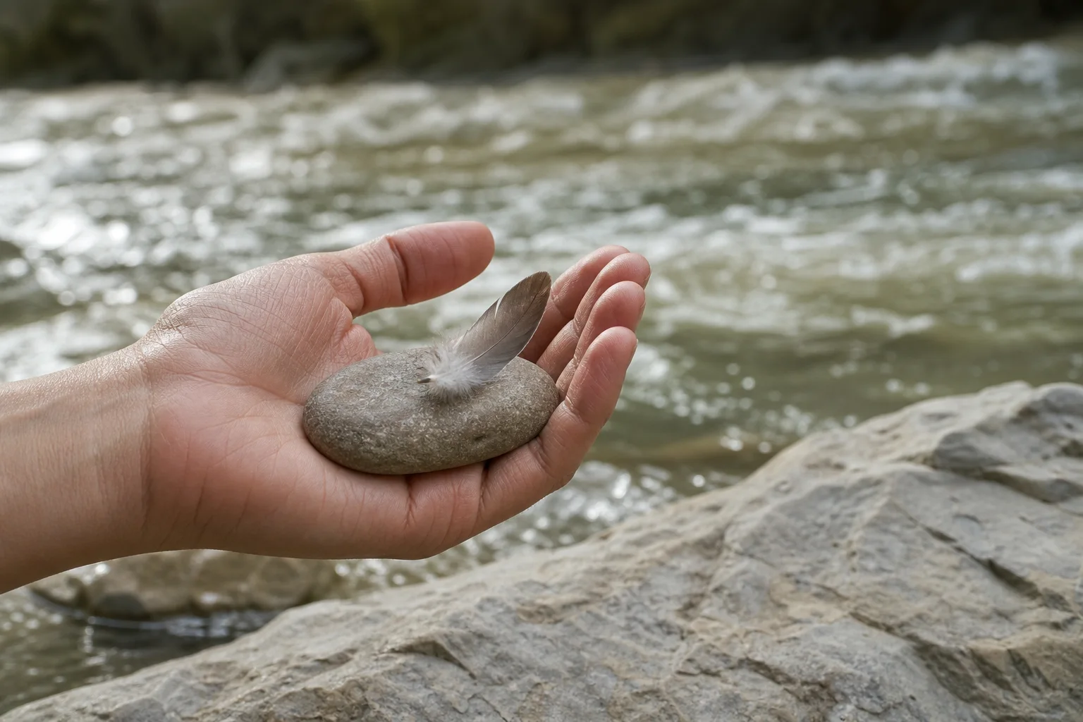 Mano que sostiene una piedra y una pluma junto a un río, en una composición natural y sobria