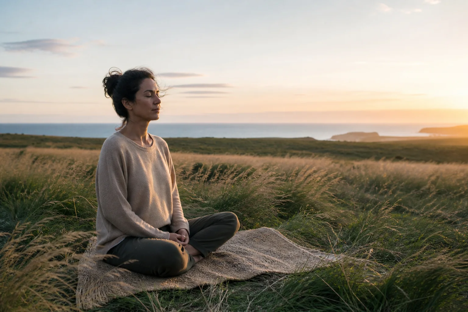 Persona meditando con serenidad en un paisaje costero abierto durante el amanecer