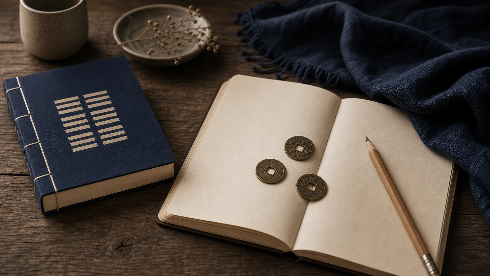 Tres monedas sobre un cuaderno abierto junto a un libro del I Ching y luz cálida