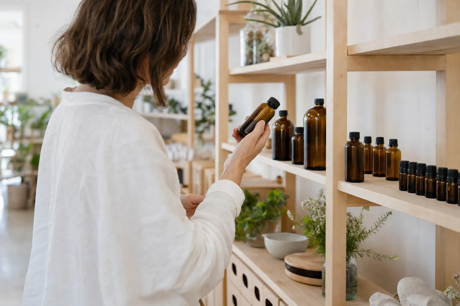 Persona comparando frascos ámbar de aceites esenciales en una tienda botánica luminosa