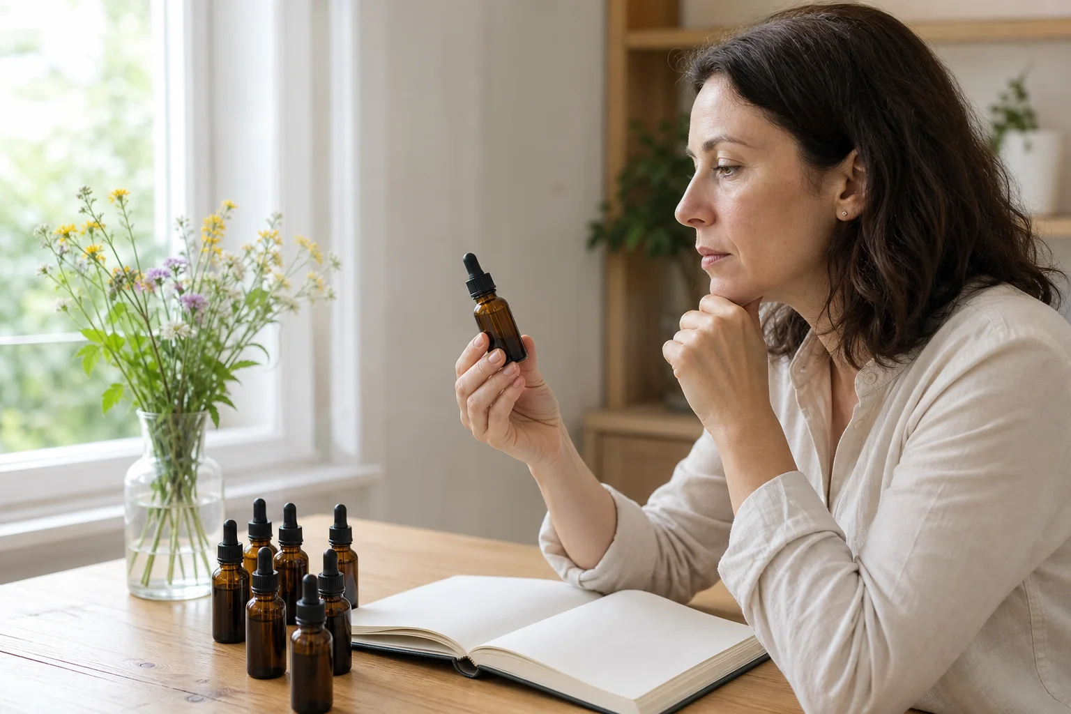 Persona observando varios frascos de esencias florales junto a un cuaderno abierto