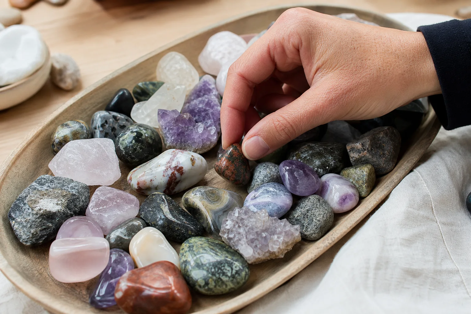 Mano eligiendo una piedra entre minerales variados sobre una bandeja de madera