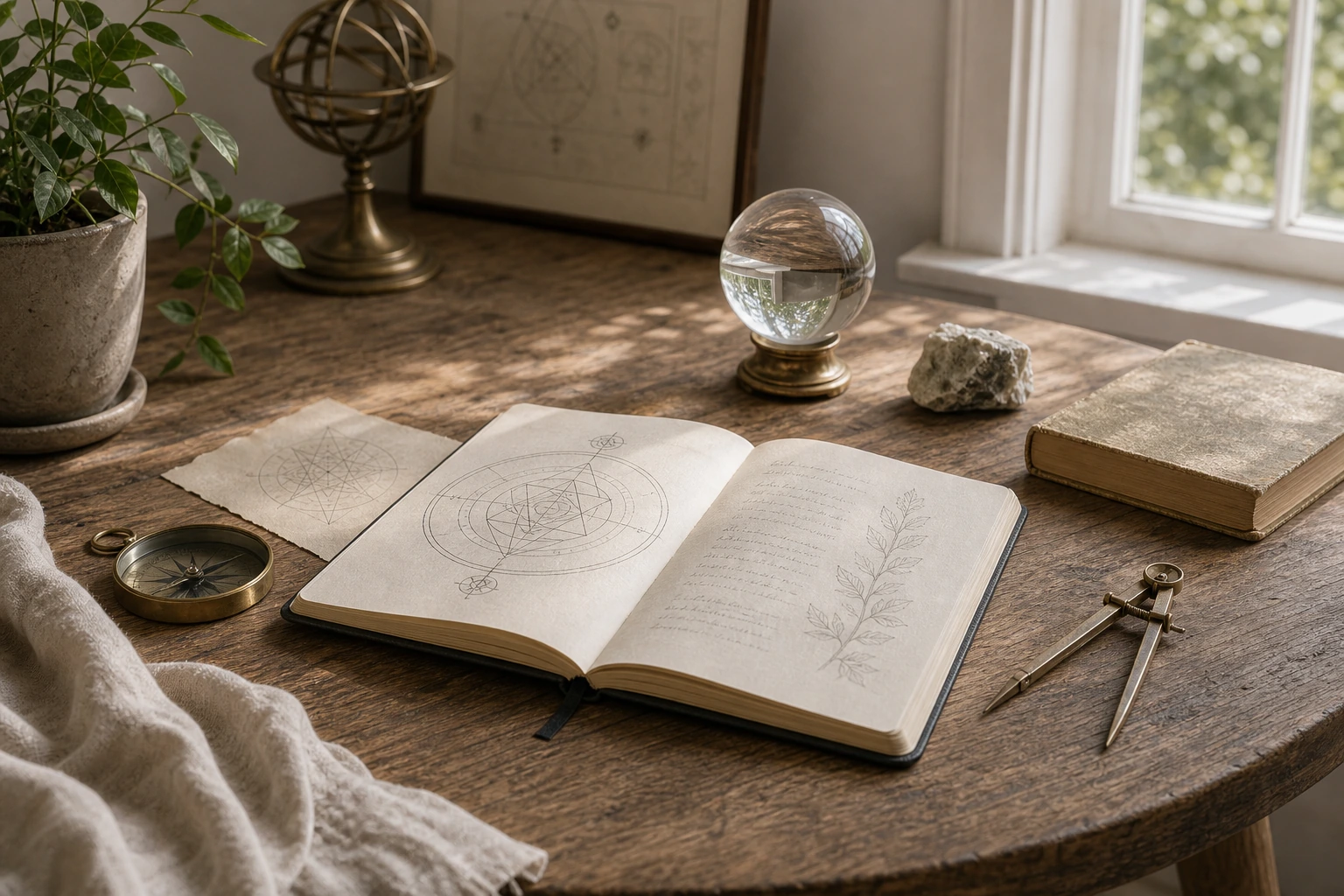 Escena de estudio con geometría luminosa, piedra, reflejo de agua y objetos simbólicos sobrios, sin libros como centro