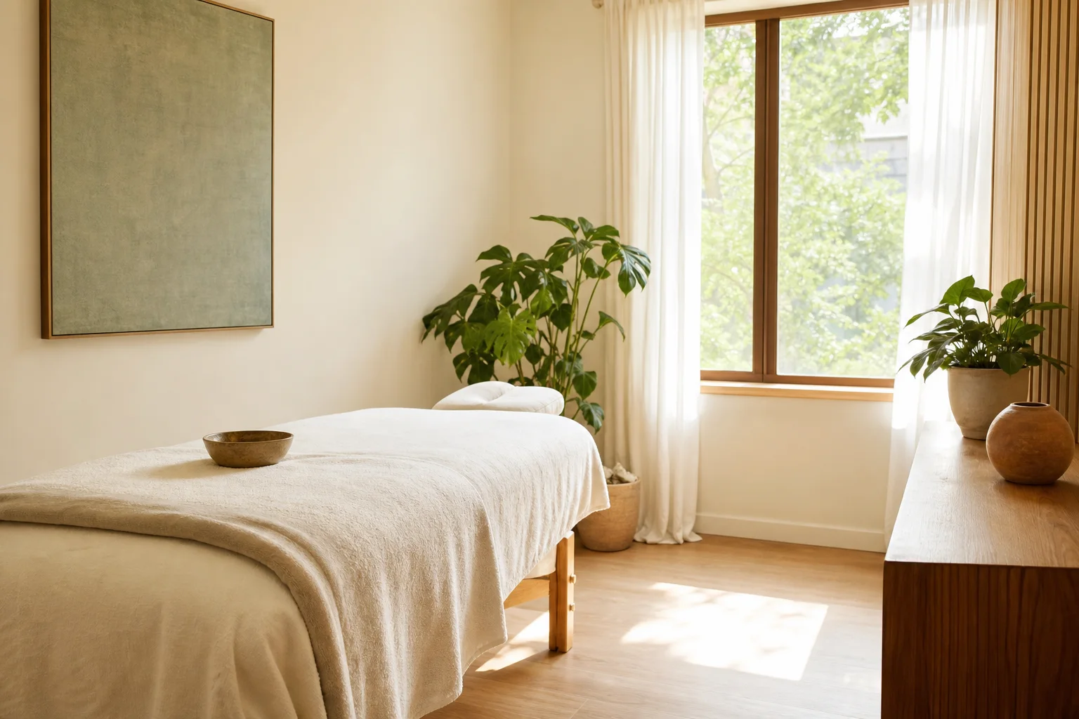 Espacio sereno y luminoso preparado para una sesión de Reiki