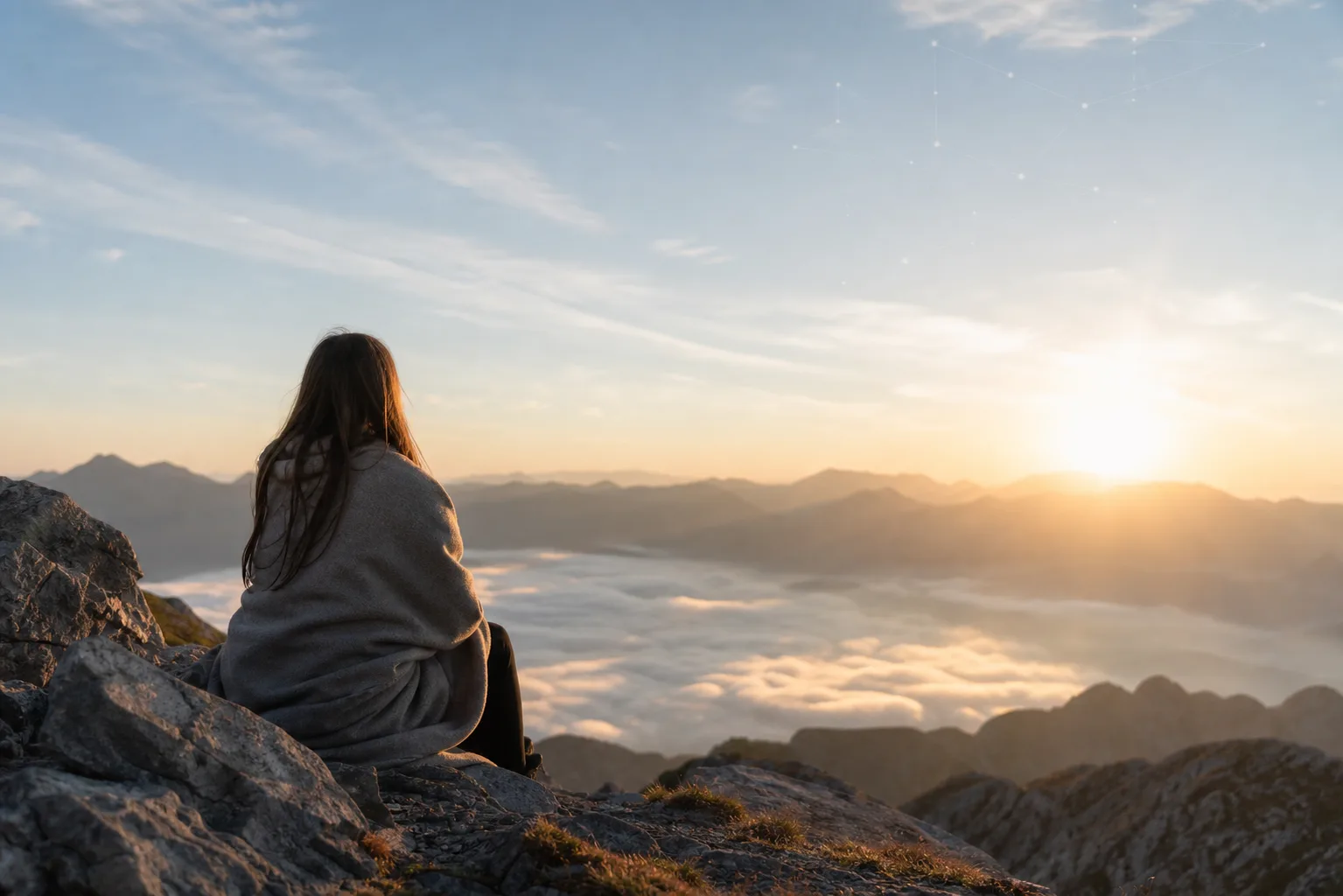 Persona junto a una ventana con cuaderno astrológico, cielo nocturno y luz dorada editorial