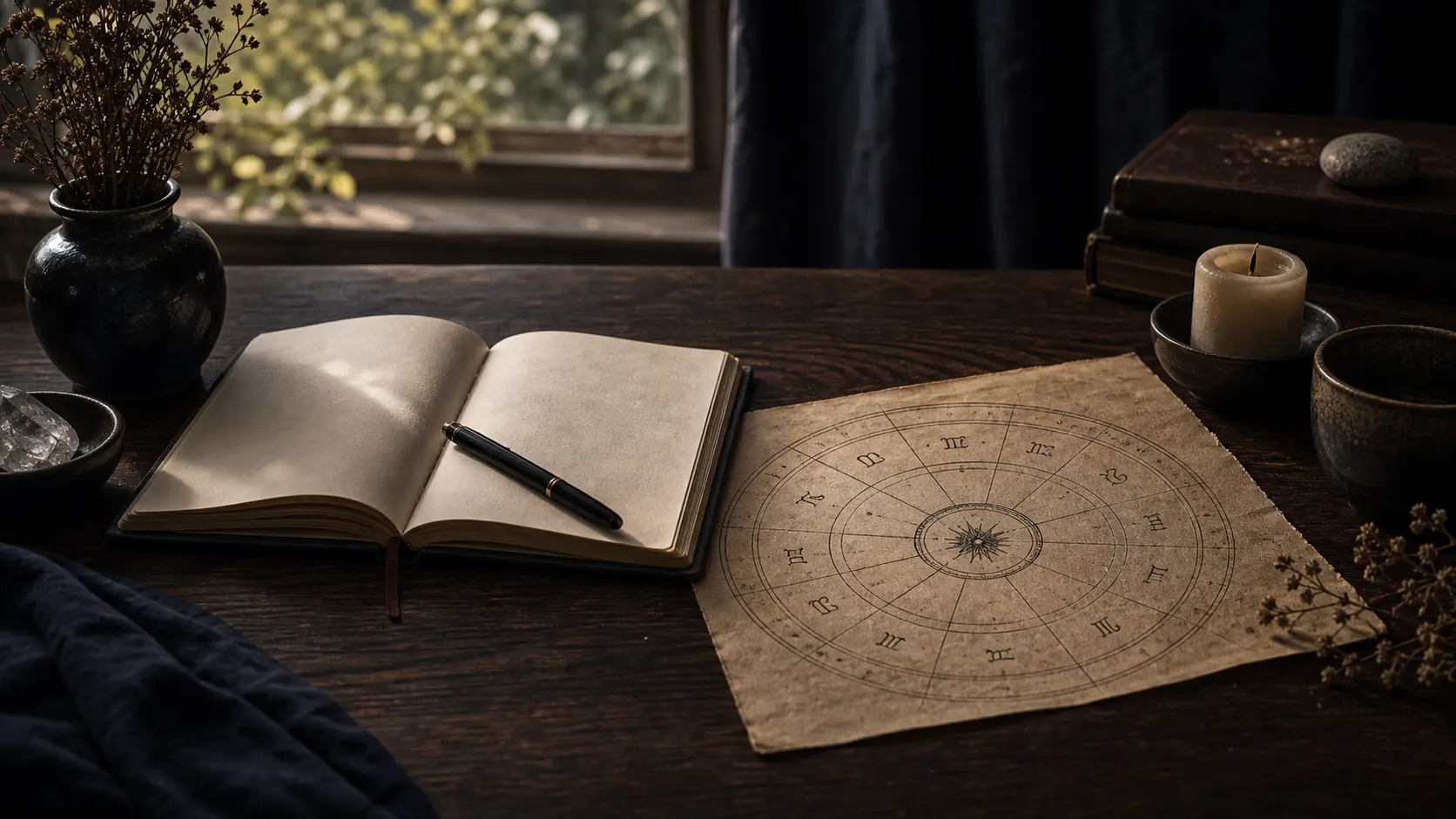 Carta astral junto a libreta y reloj de arena con luz suave e índigo