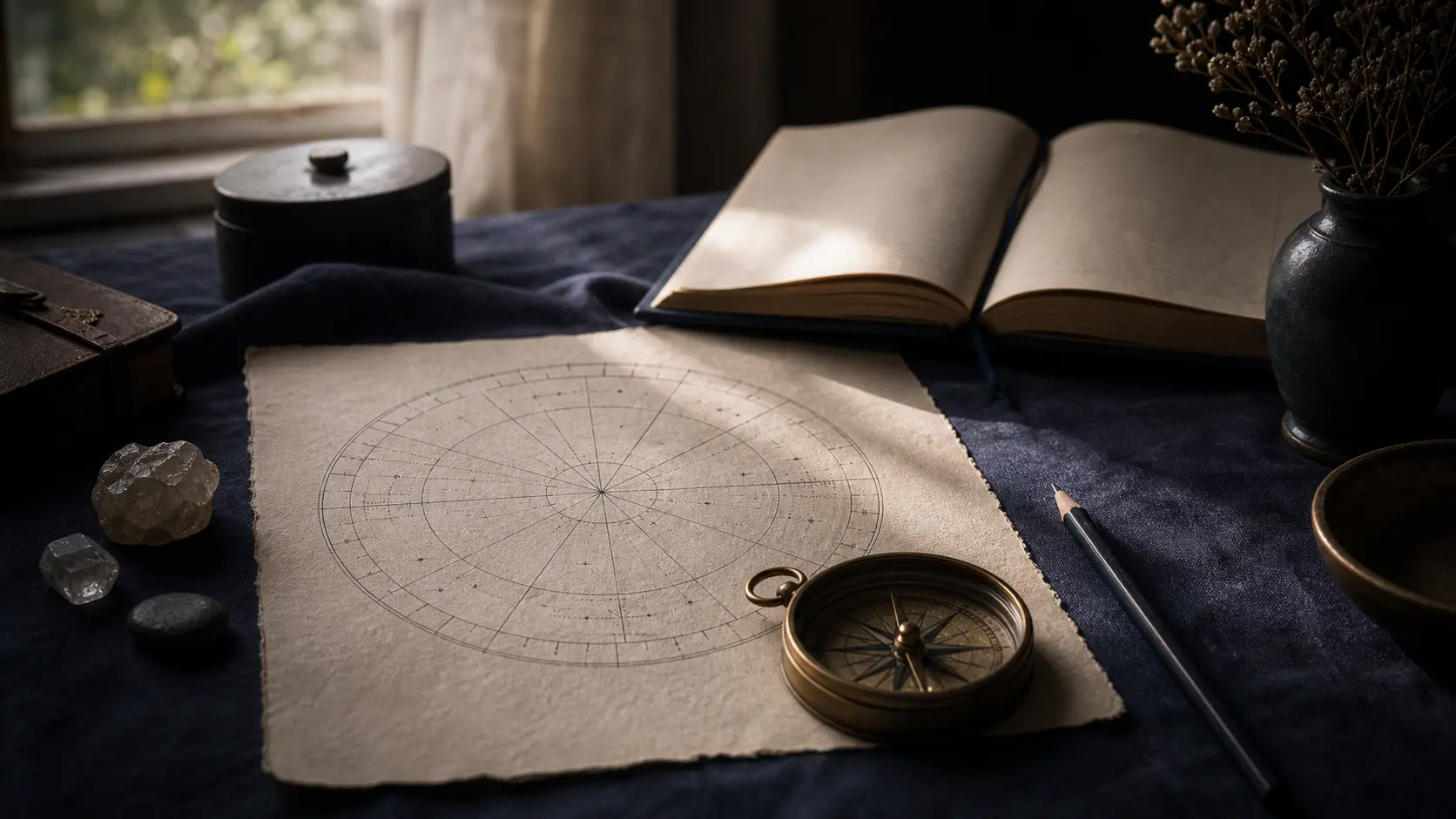 Mapa astral, regla y libreta sobre mesa de madera con luz suave e índigo