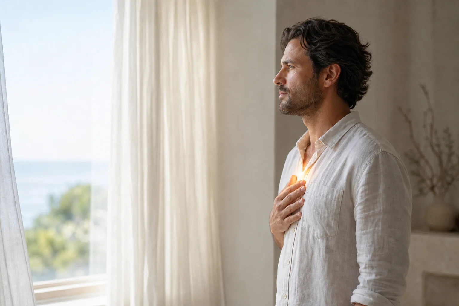 Figura contemplativa junto a una ventana con un punto de luz suave en el pecho