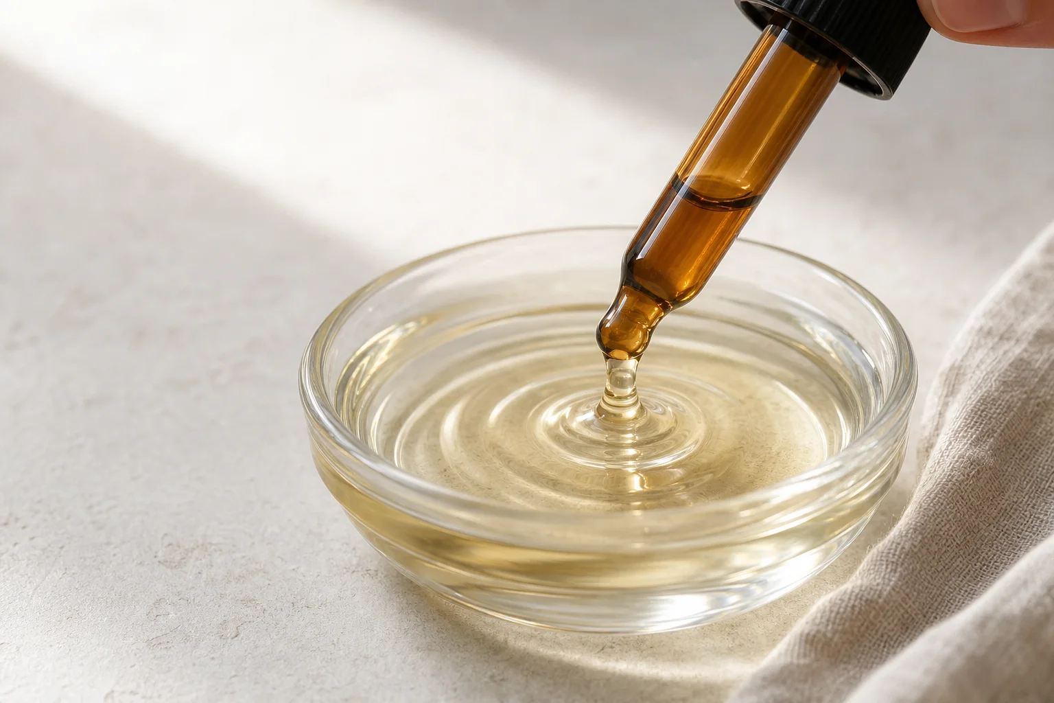 Gota de aceite esencial mezclándose con un aceite portador en un recipiente de vidrio