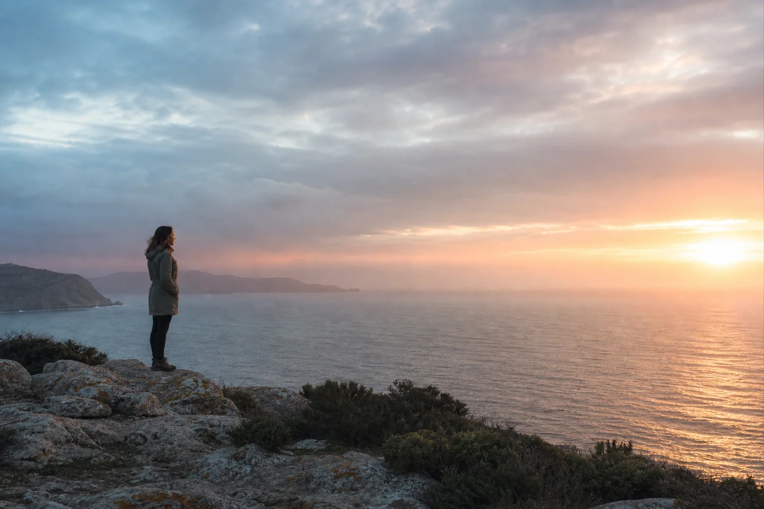 Persona contemplando un amanecer luminoso desde un mirador costero como metáfora de transformación interior