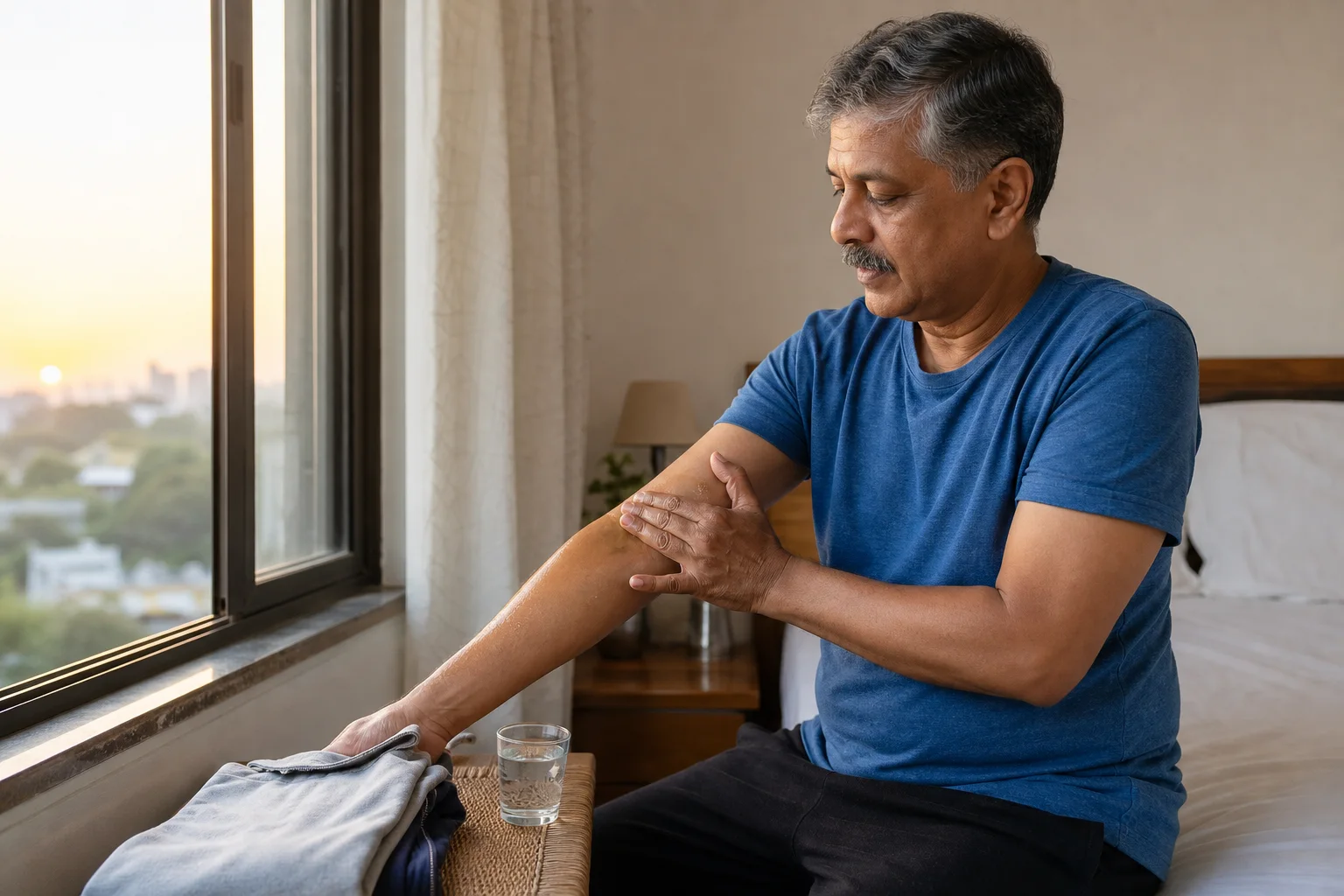 Hombre aplicando aceite en el antebrazo durante una rutina matinal sencilla junto a una ventana luminosa