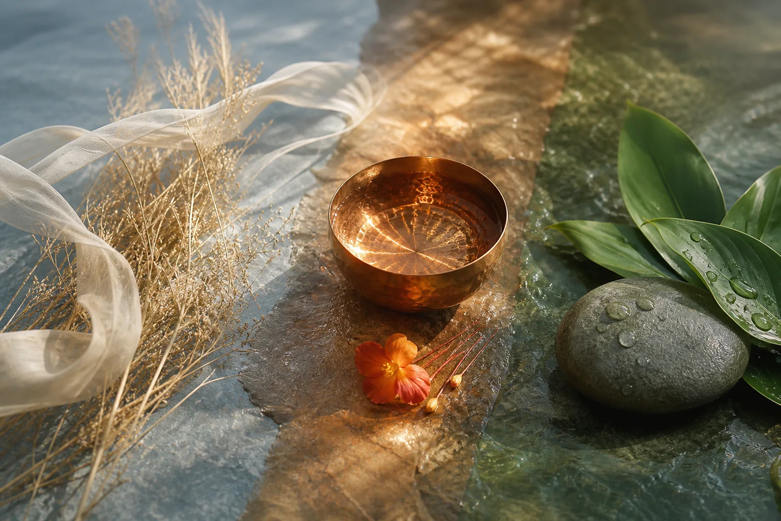 Composición luminosa de aire, fuego, agua, hojas y piedra que representa los tres doshas del Ayurveda