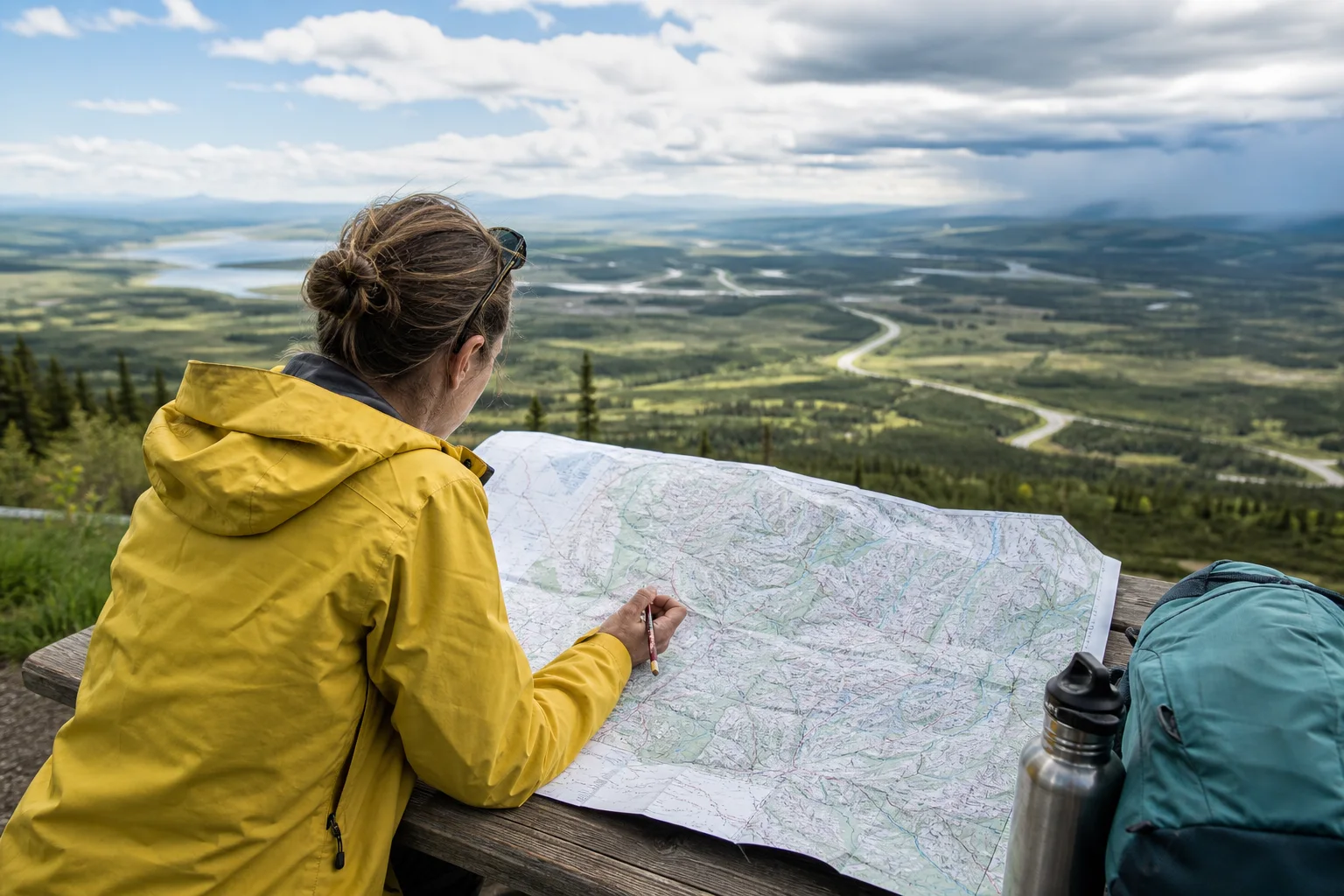 Persona con chaqueta amarilla revisando un mapa frente a un valle recorrido por varios caminos