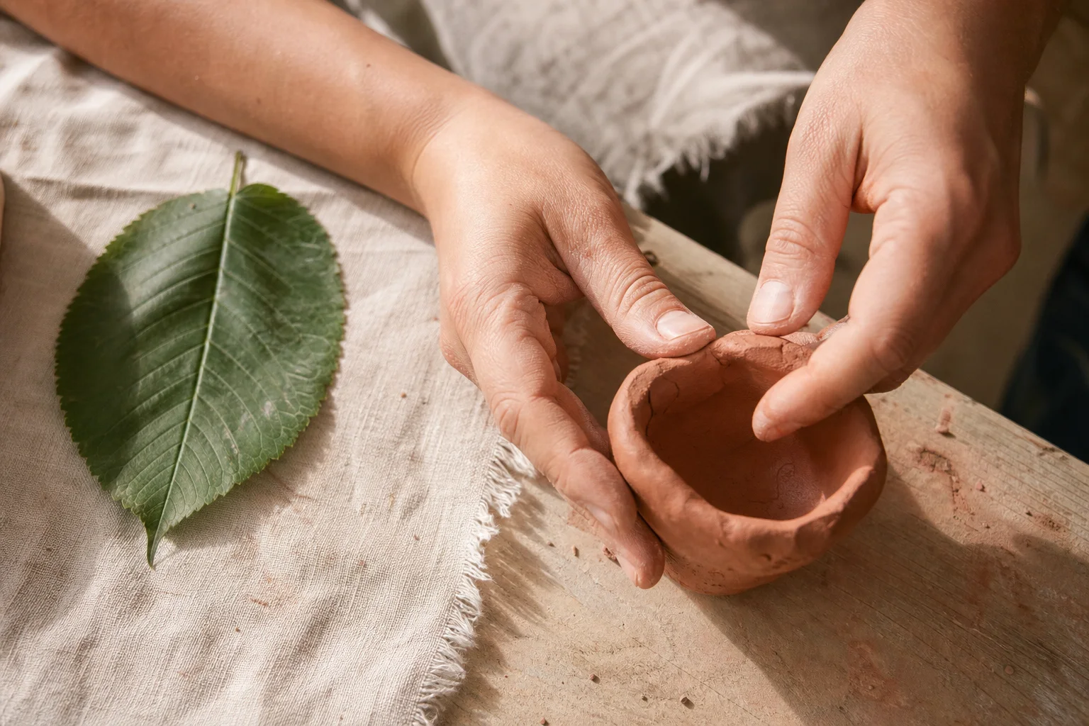 Manos modelando una pequeña pieza de arcilla junto a una hoja verde con luz cálida