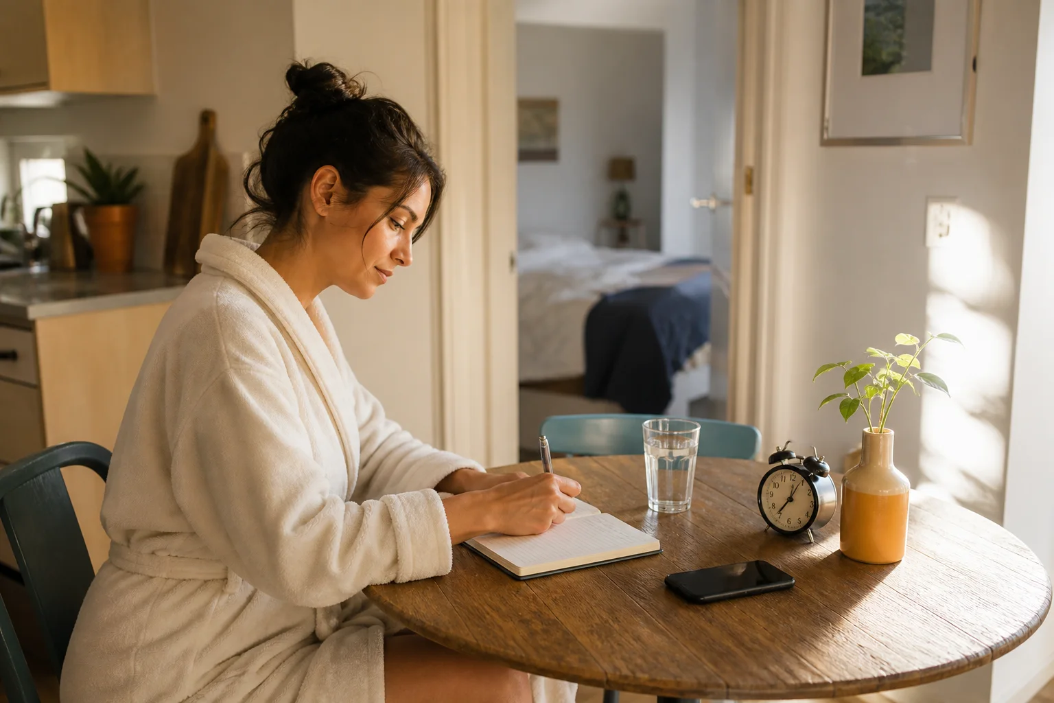 Persona tomando notas sobre una experiencia nocturna en una cocina luminosa durante la mañana