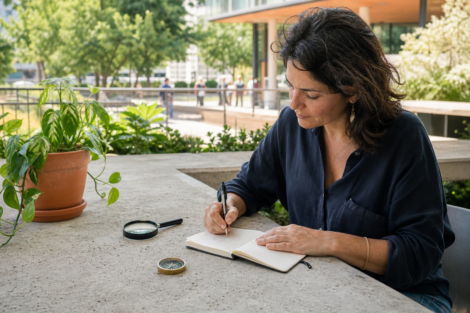 Mujer escribiendo observaciones en un cuaderno junto a una lupa y una brújula en una terraza luminosa