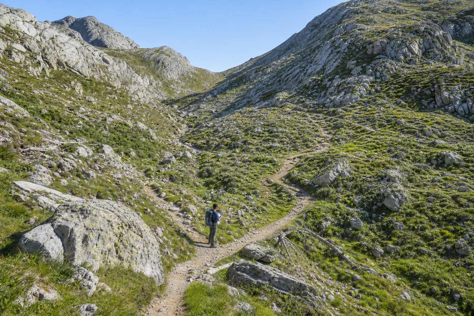 Senderista observando un camino de montaña que se divide entre rocas y cambios de dirección bajo luz clara