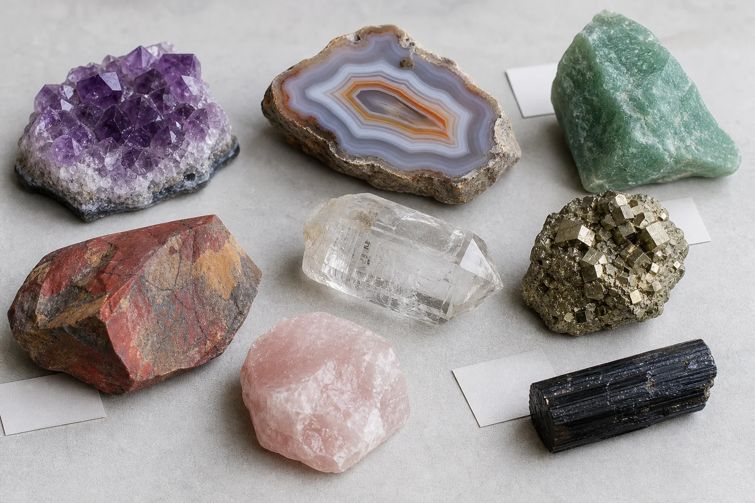 Colección editorial de minerales variados con formas, colores y superficies diferentes