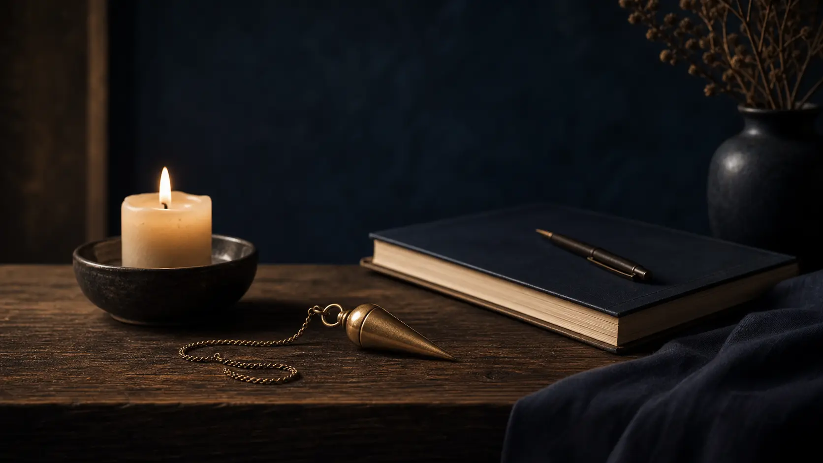 Péndulo sobre una mesa oscura con cuaderno y luz tenue, composición sobria