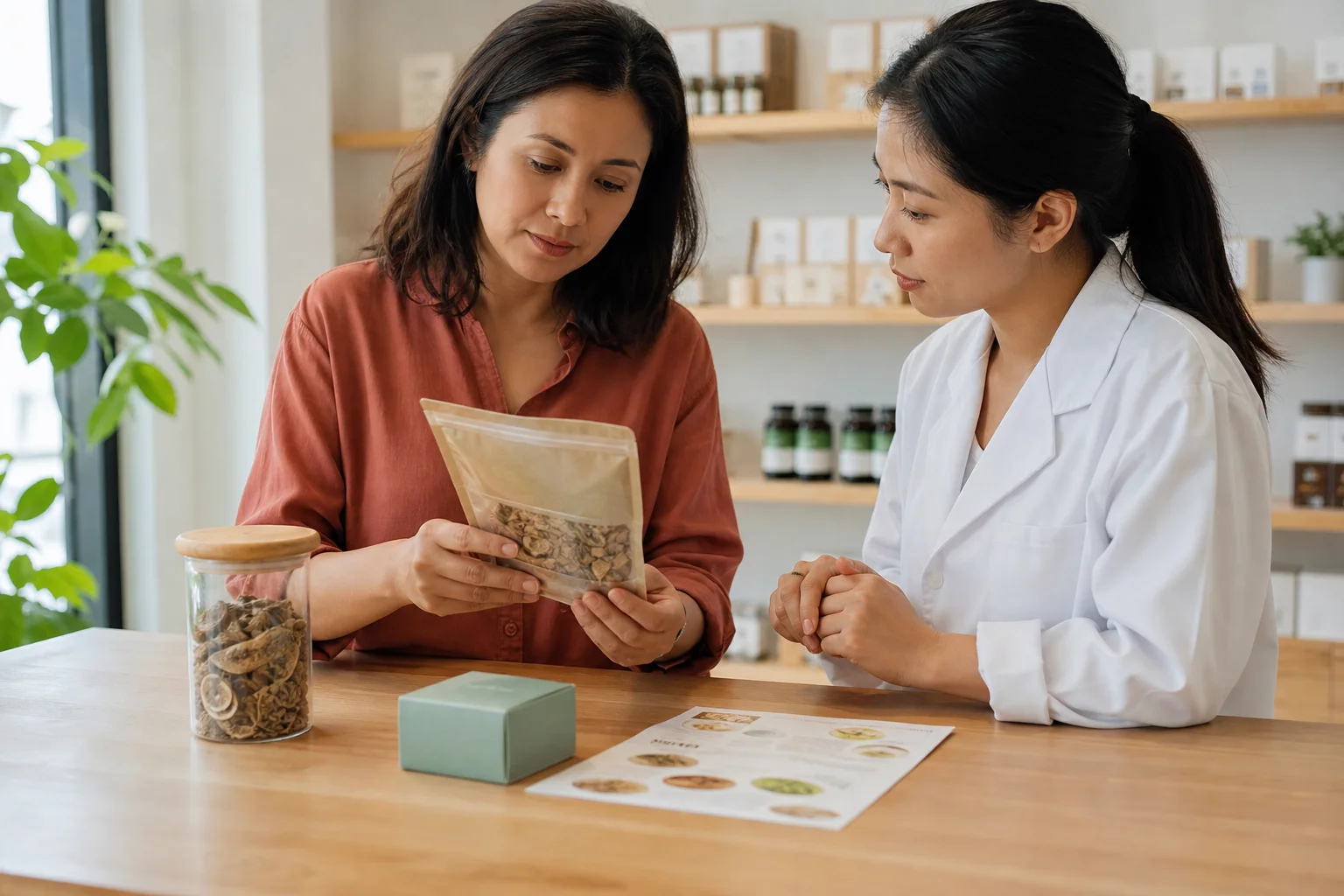 Paciente revisando un preparado herbal junto a una profesional en una consulta clara y contemporánea