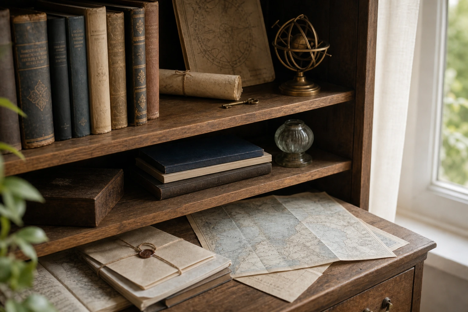 Libro antiguo, vela y cristal sobre una mesa iluminada por luz de ventana y reflejos suaves