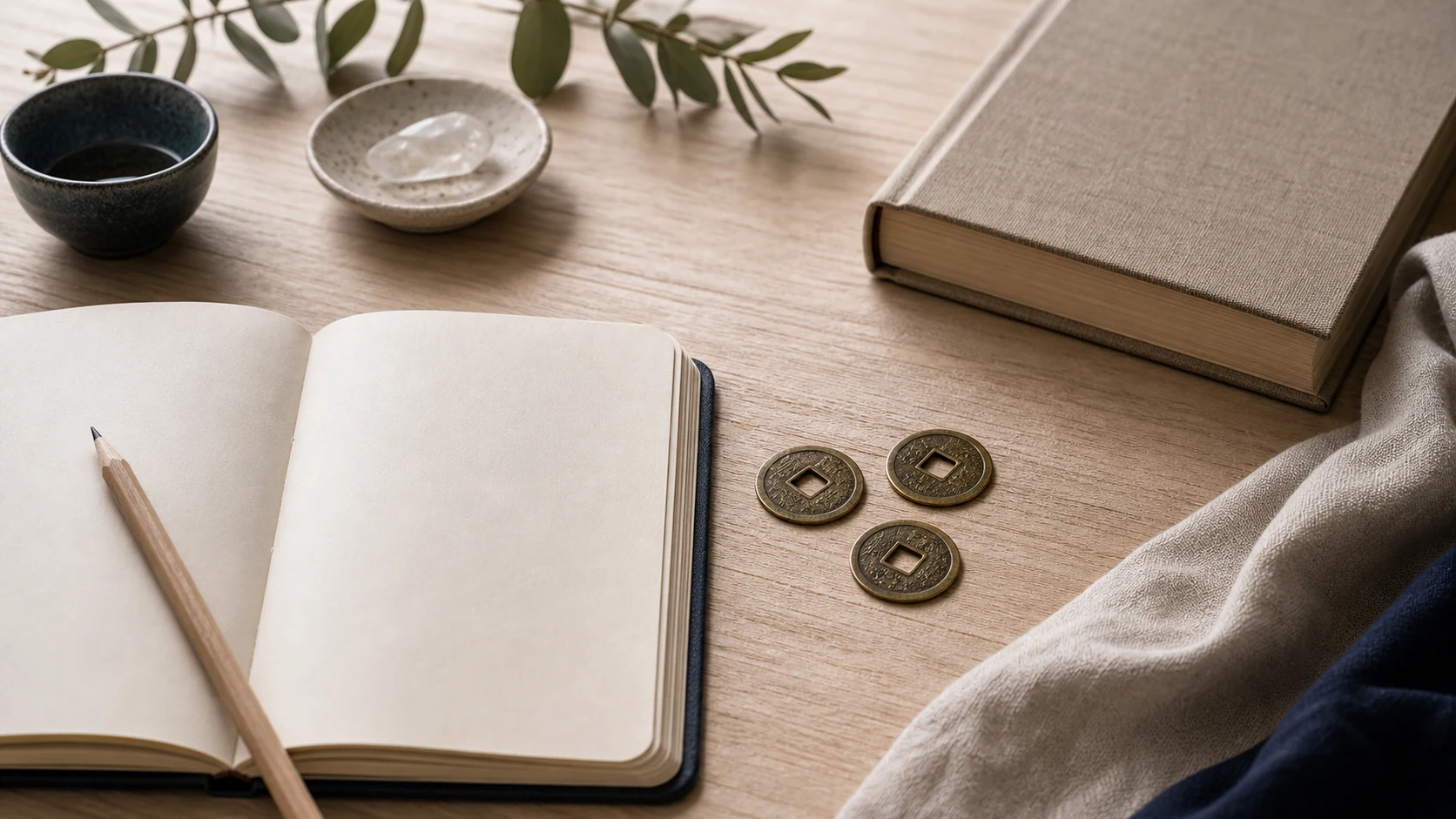Monedas, cuaderno y un libro del I Ching sobre una mesa clara con luz natural suave