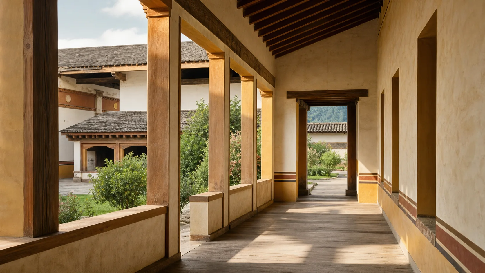 Arquitectura luminosa con columnas de madera y patio abierto, una imagen sobria de estudio