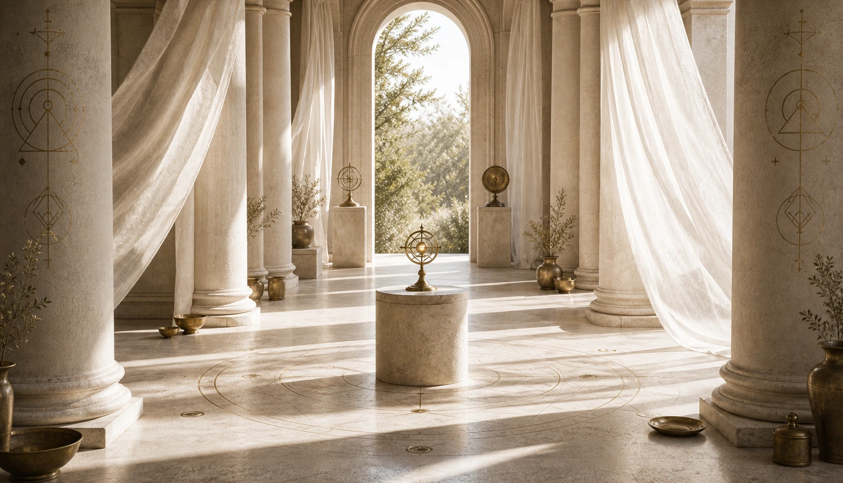 Arquitectura simbólica con columnas, esfera luminosa y luz natural sin libros en una escena de estudio hermético