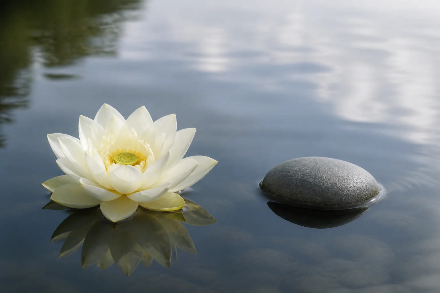 Loto claro y piedra lisa sobre agua tranquila en una composición minimalista