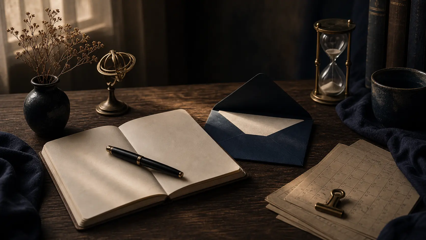 Carta astral con pluma, sobre y reloj de arena en luz suave e índigo
