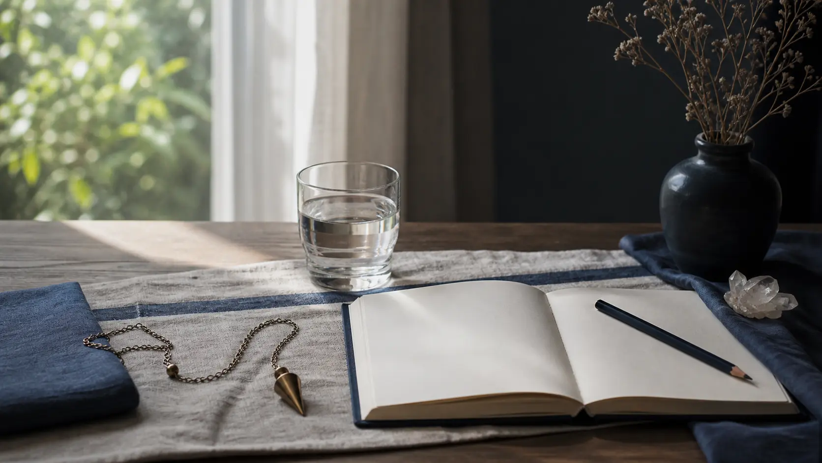 Péndulo junto a una libreta abierta, una vela y luz suave sobre mesa de madera