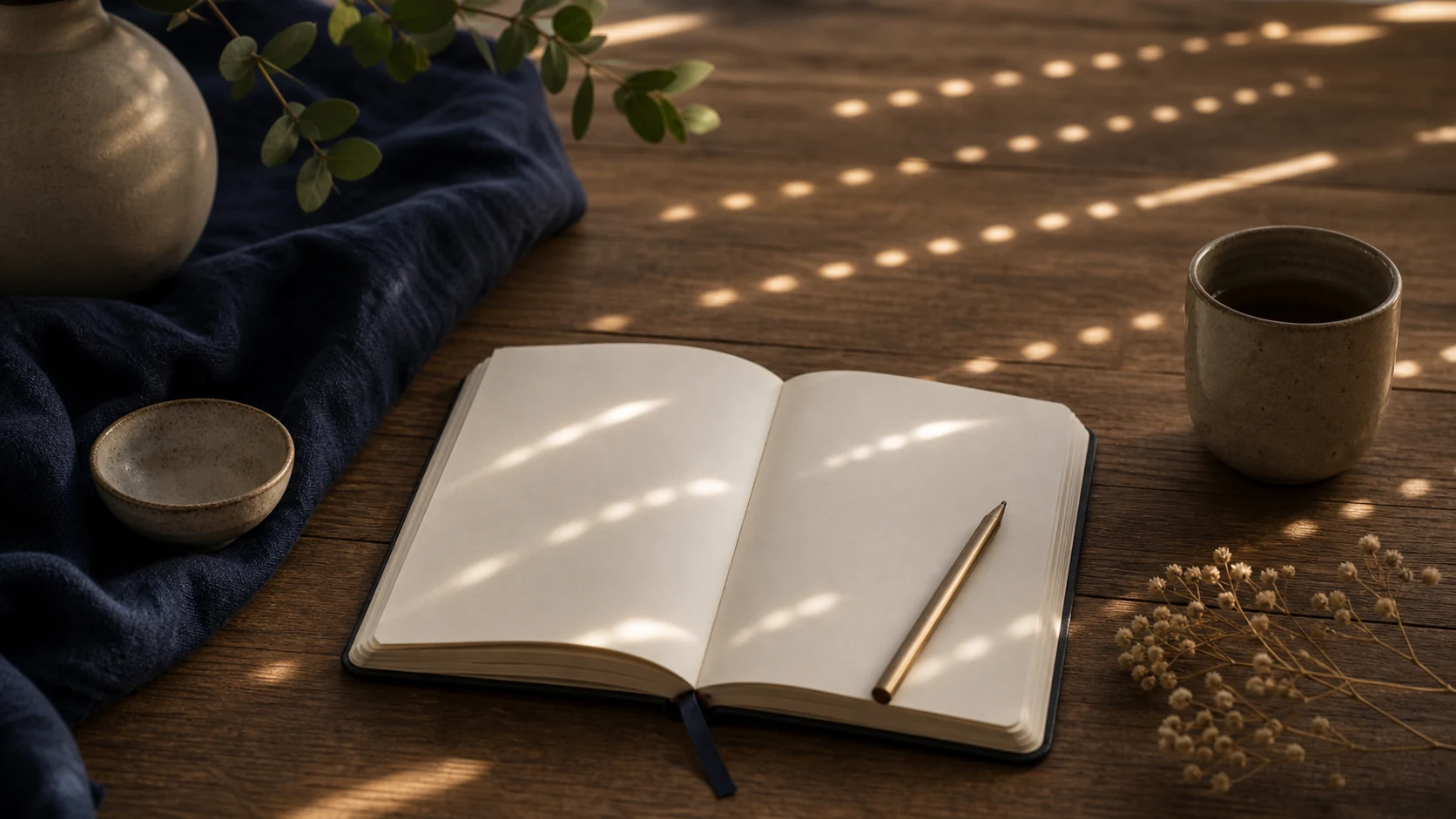 Reloj analógico y cuaderno abierto con luz suave sobre una mesa en tonos índigo