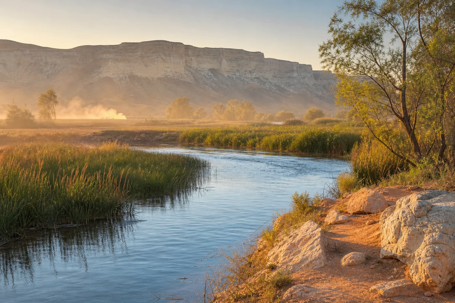 Río entre vegetación, piedra y tierra iluminada que representa ciclos y equilibrio en un paisaje natural