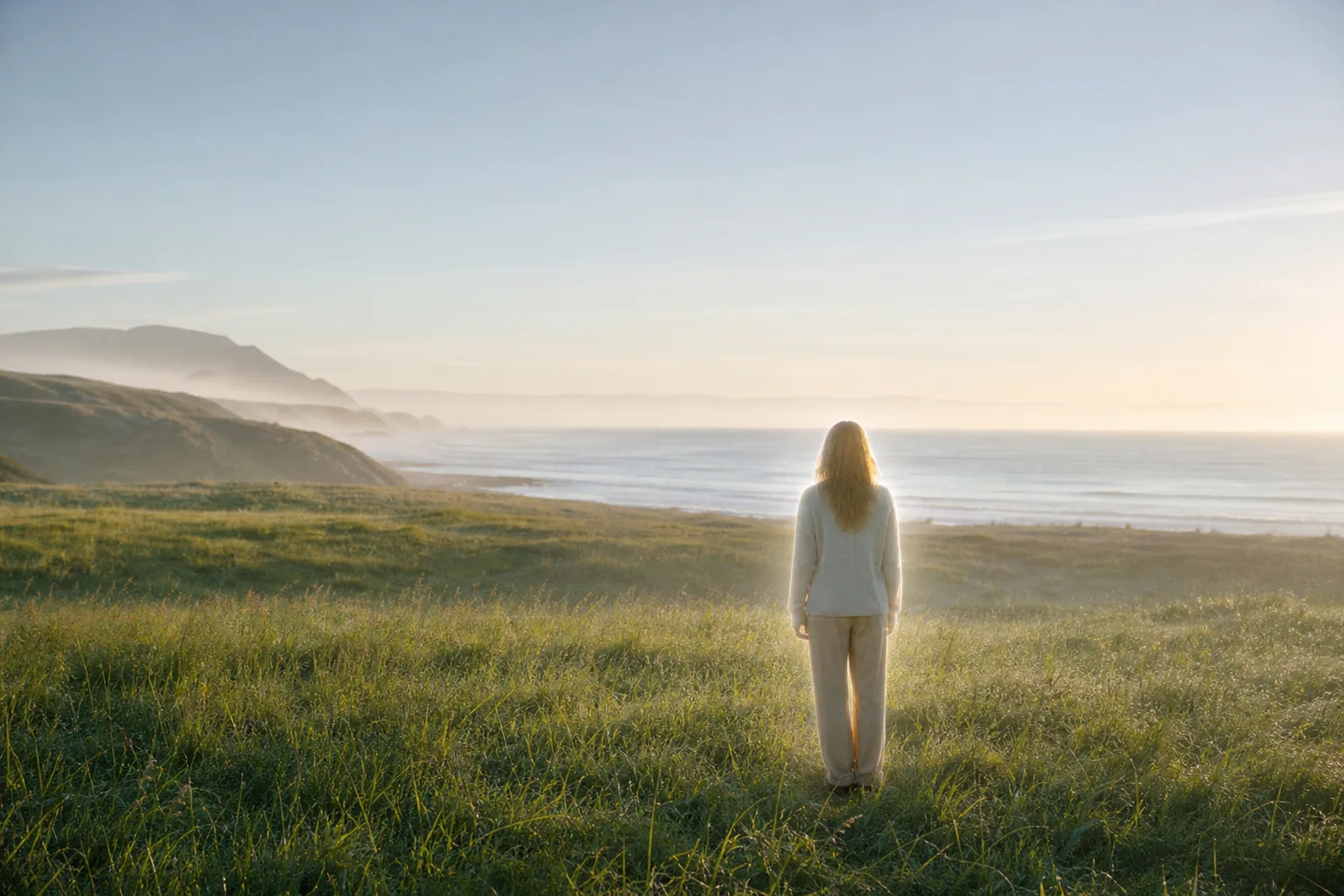 Figura humana contemplando un paisaje costero rodeada por una luminosidad natural sutil
