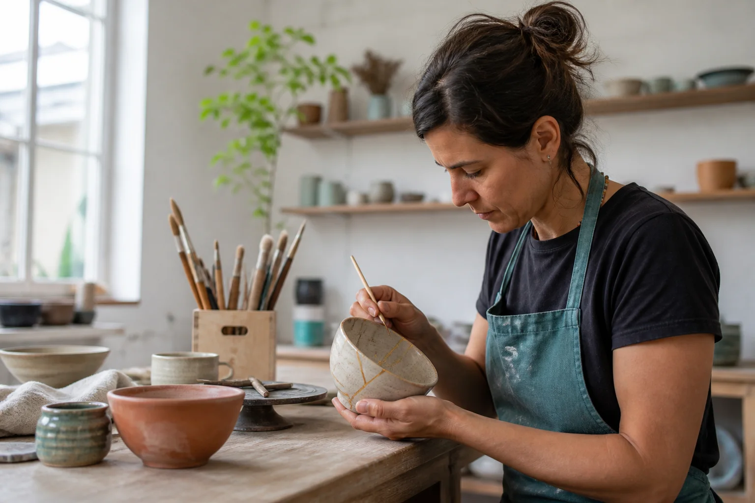 Artesana reparando con atención un cuenco de cerámica en un taller contemporáneo luminoso