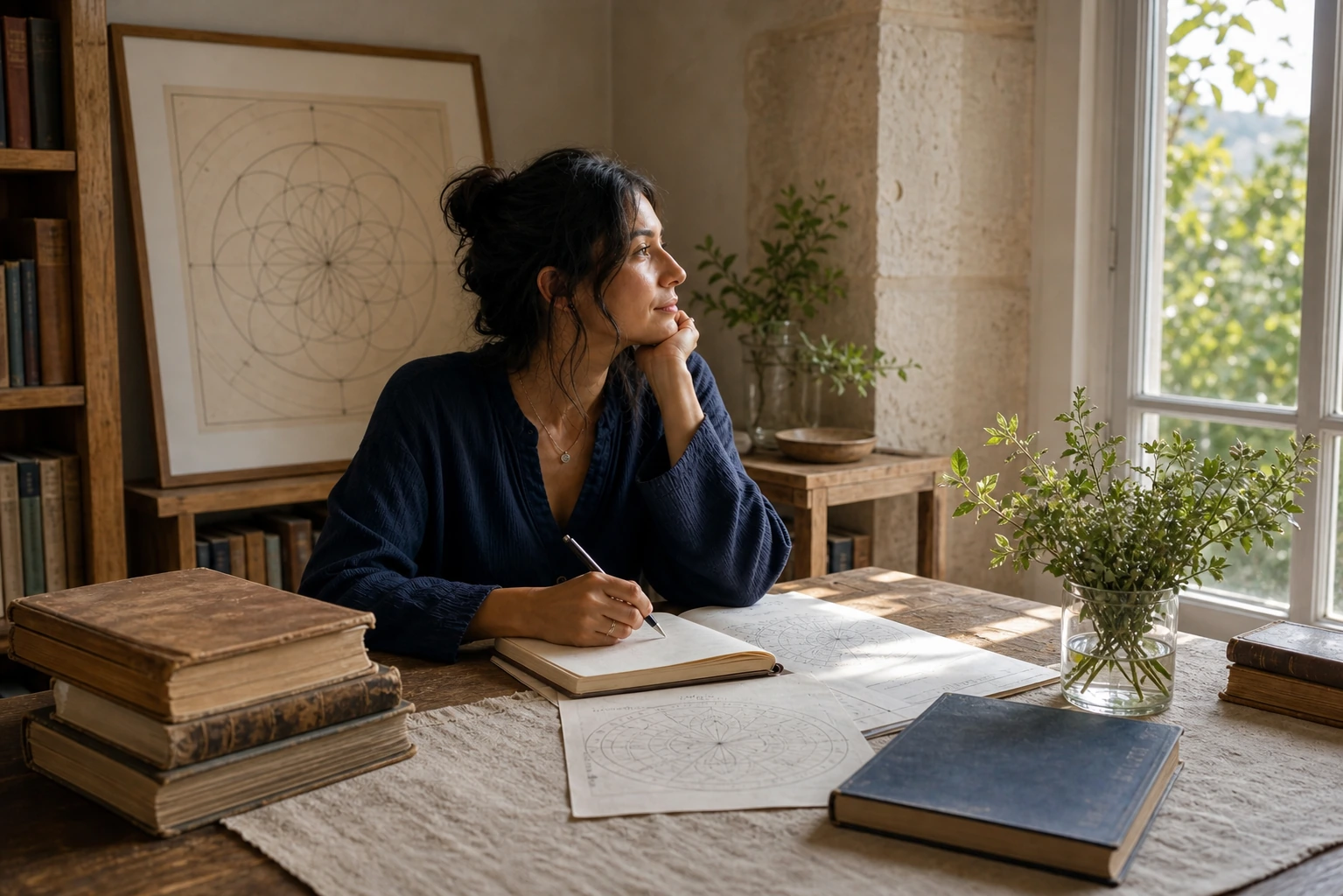 Mesa de estudio con libros antiguos, una vela y un compás sobre papeles simbólicos en luz natural