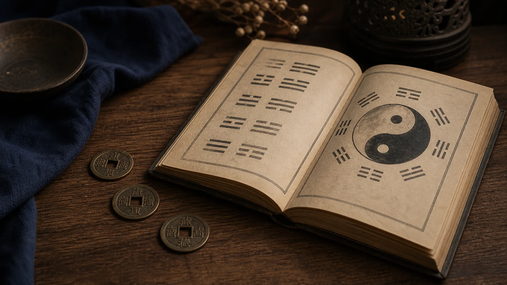 Libro abierto del I Ching junto a monedas antiguas sobre una mesa de madera con luz suave