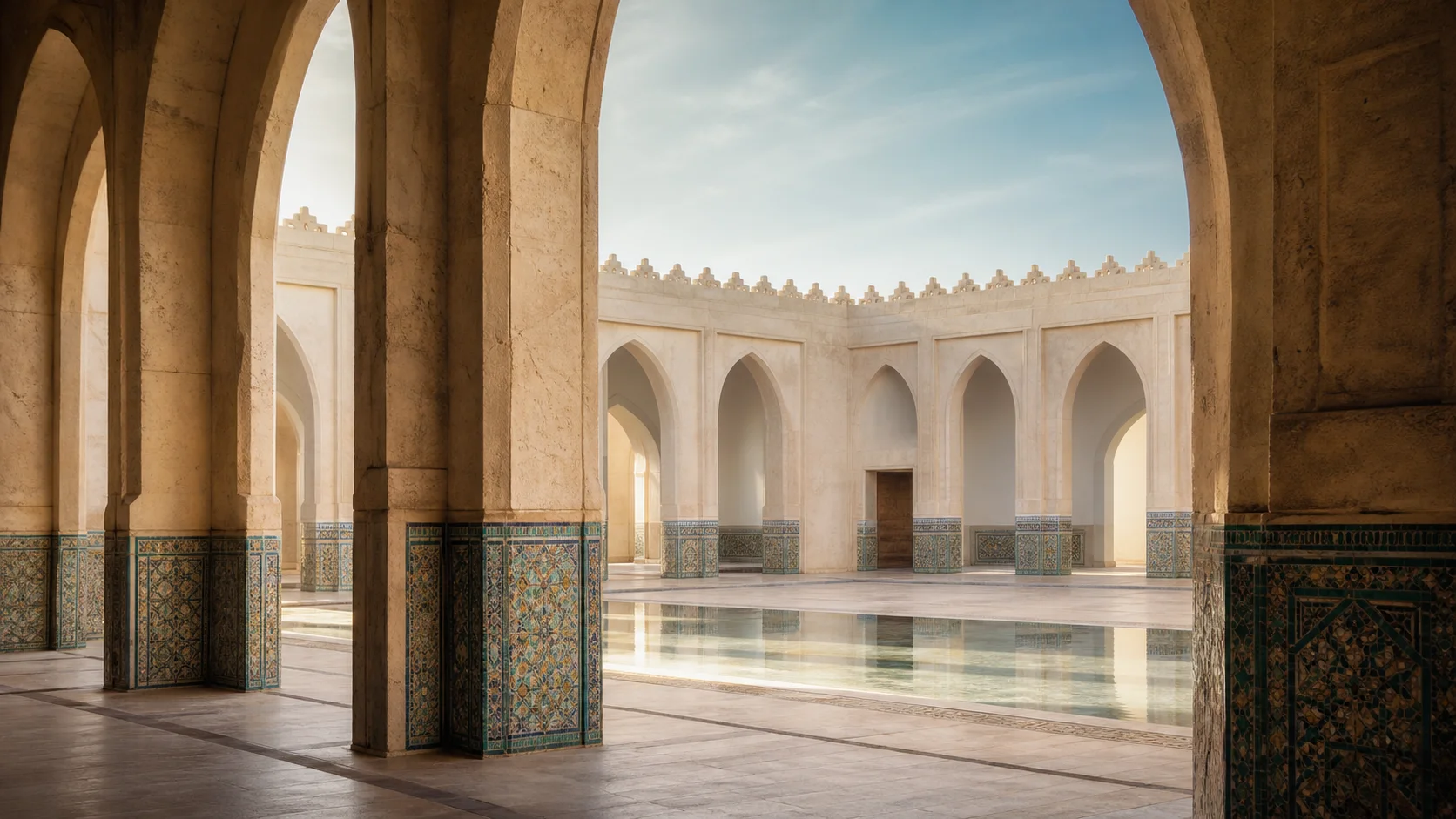 Patio de arquitectura islámica luminosa con arcos, mosaicos y agua tranquila
