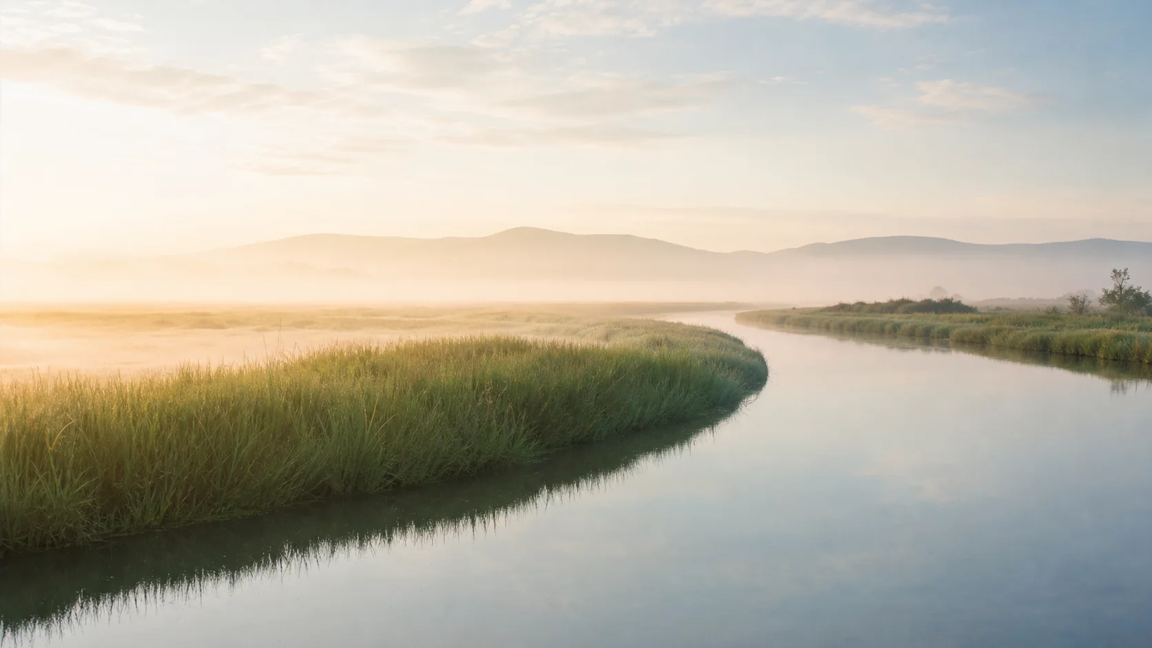 Río curvo entre juncos y niebla suave al amanecer, un paisaje contemplativo