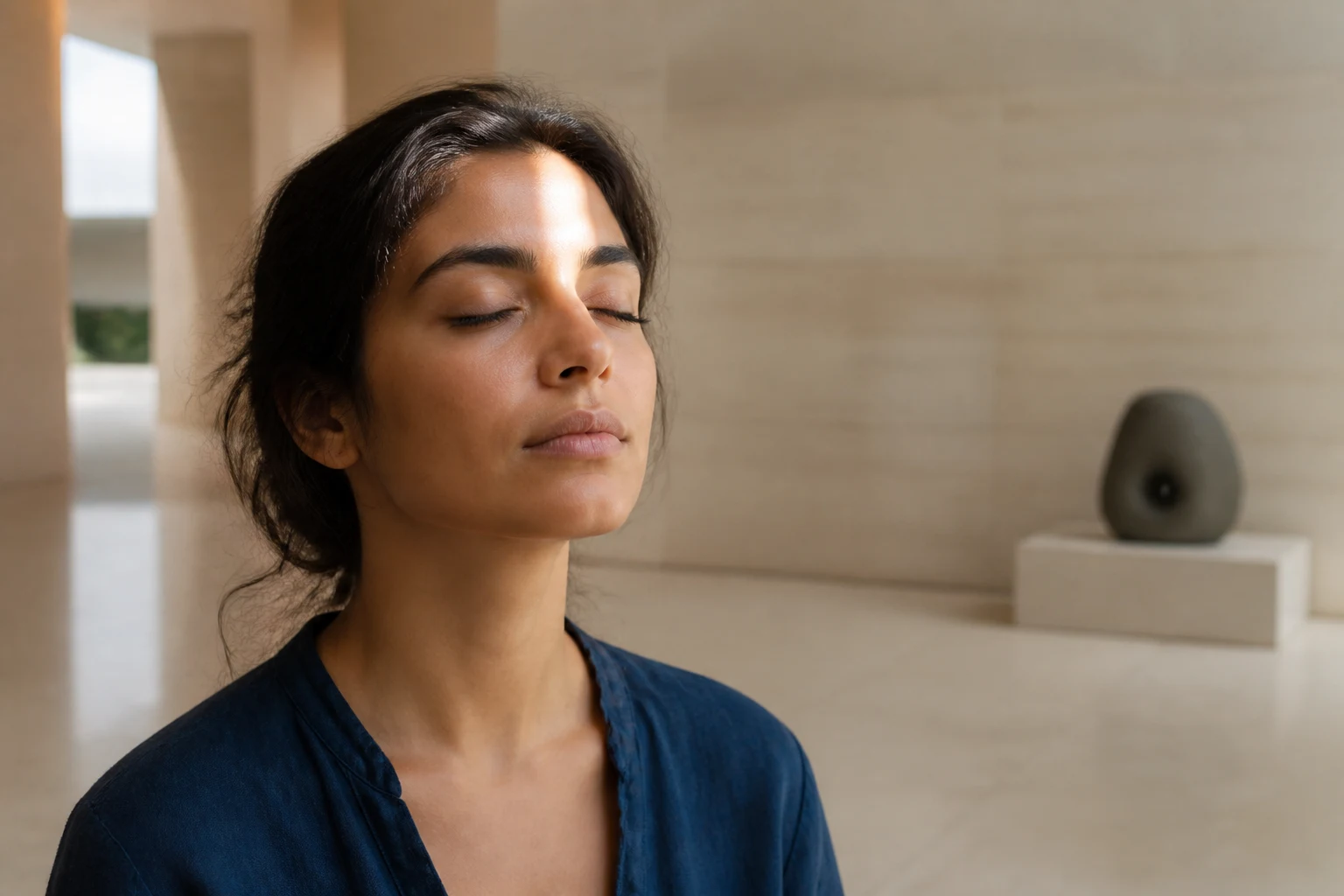 Retrato contemplativo de una mujer con los ojos cerrados y una franja de luz natural sobre la frente