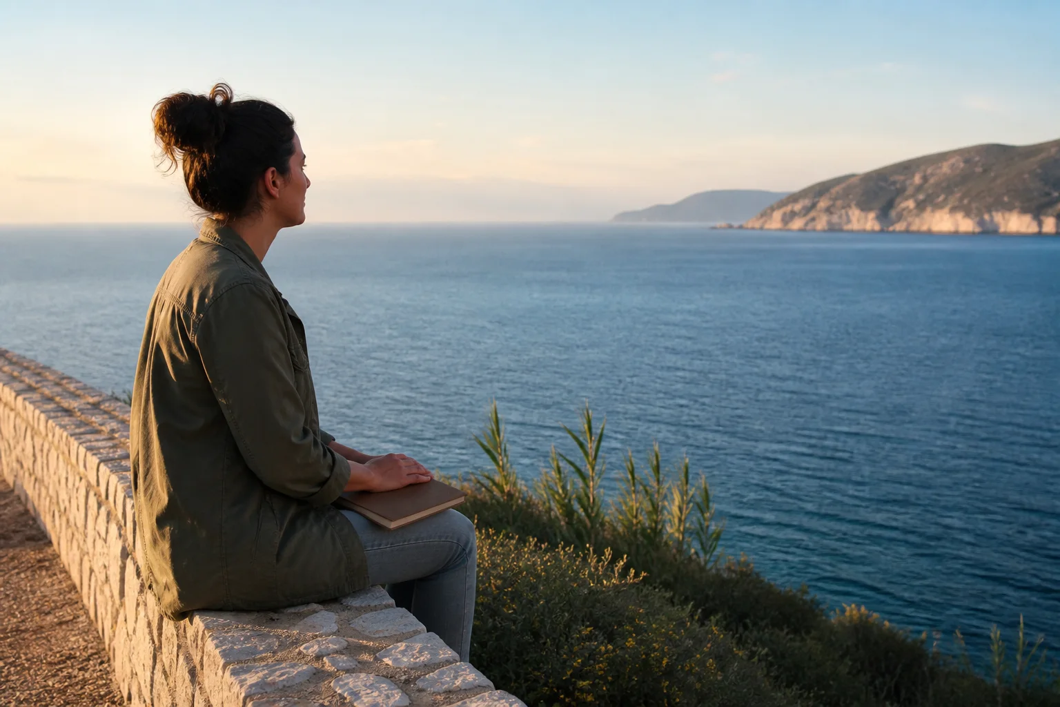 Mujer contemplando un horizonte marino amplio con un cuaderno cerrado sobre las rodillas