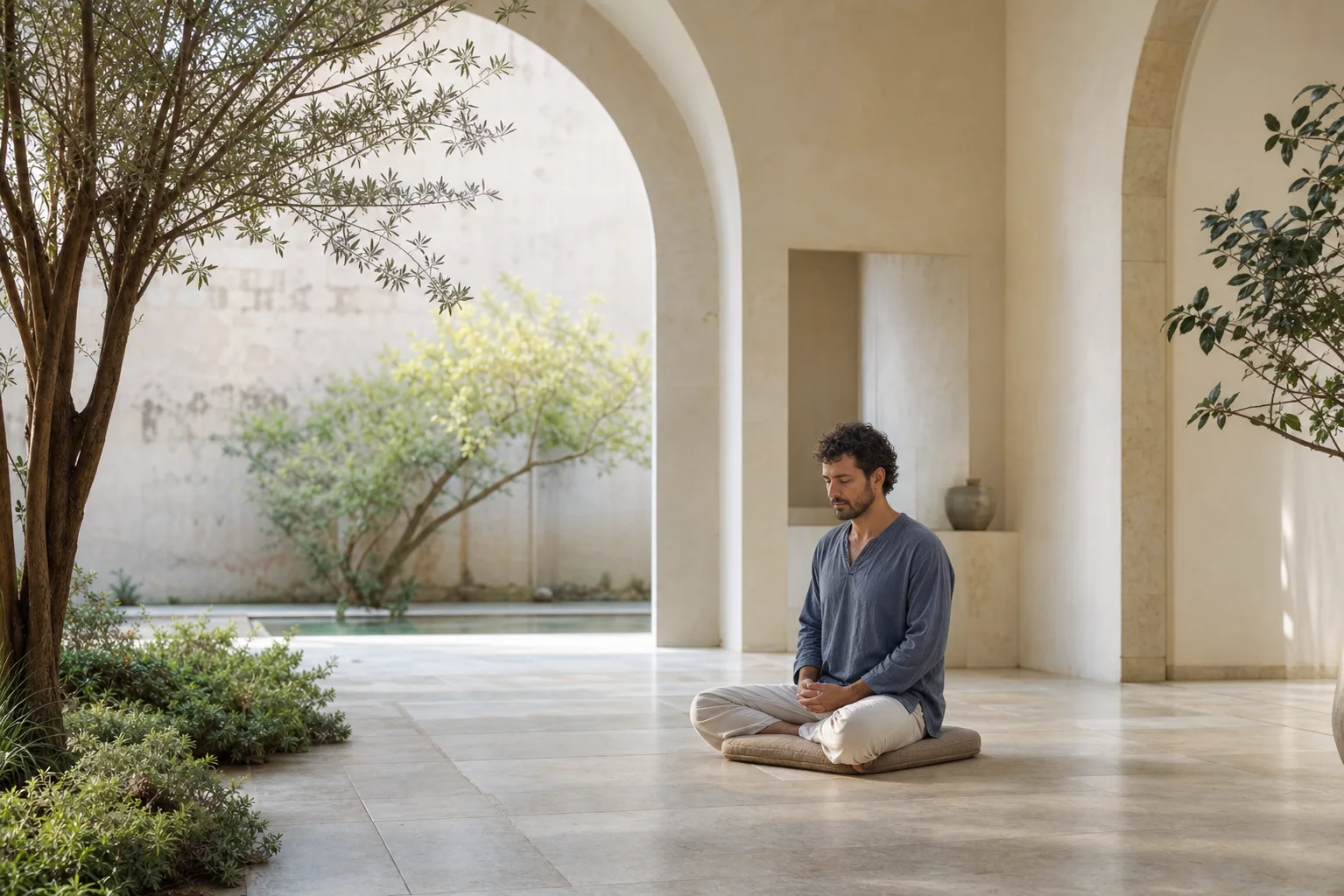 Persona meditando en un patio arquitectónico amplio y luminoso rodeado de árboles