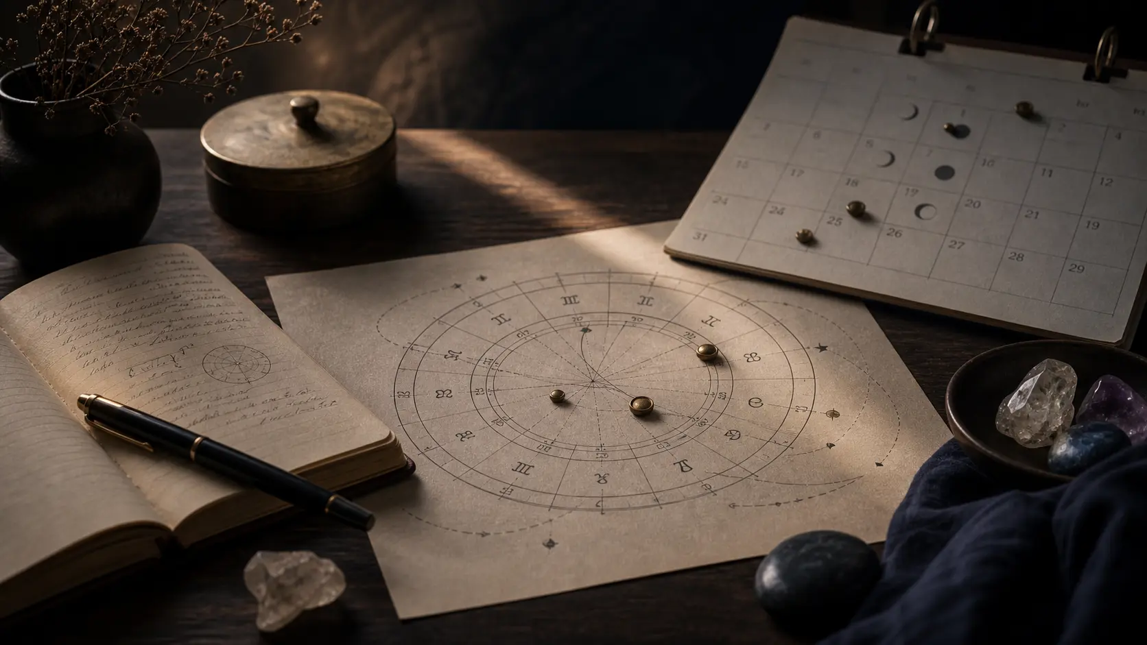 Carta astral con anillo saturnino y cuaderno en tonos índigo y luz suave