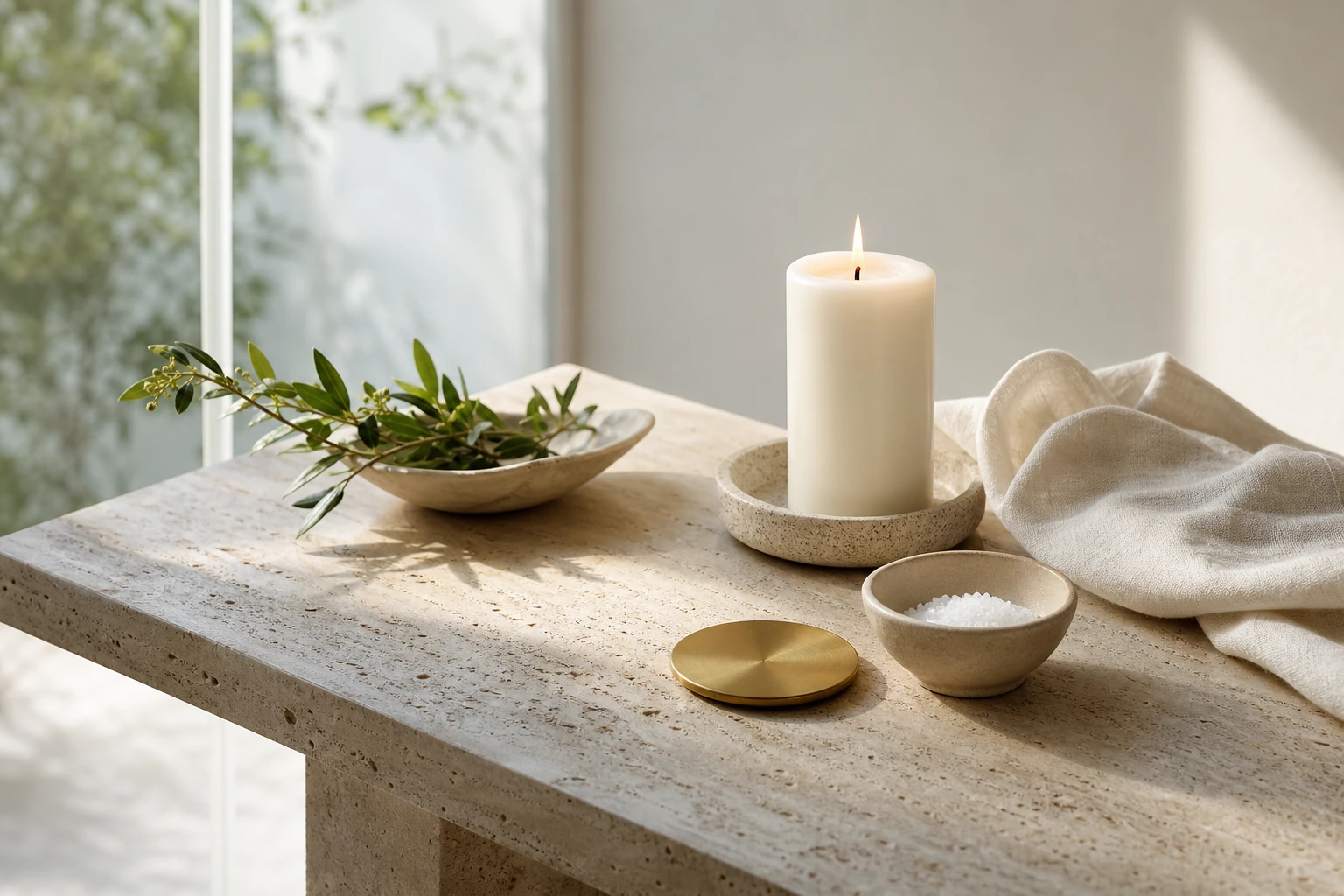 Altar luminoso y minimalista con velas claras, sal, cuenco y geometría simbólica sobre una mesa sobria