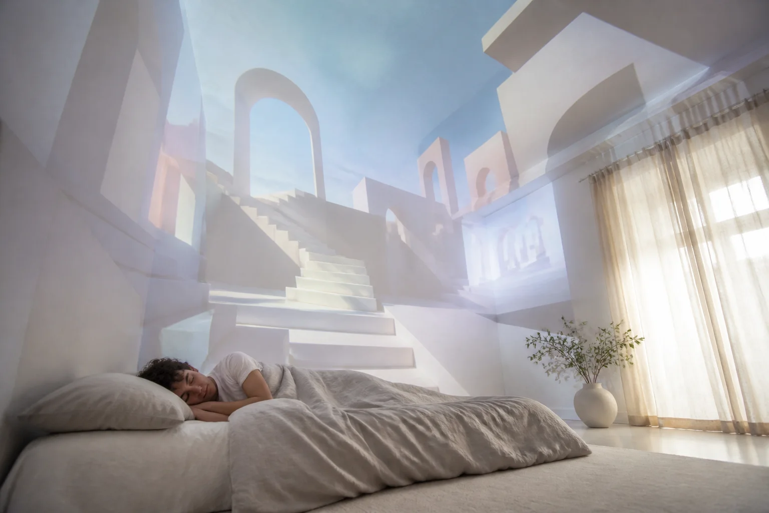 Persona dormida mientras una arquitectura onírica de escaleras y arcos aparece proyectada sobre una habitación luminosa
