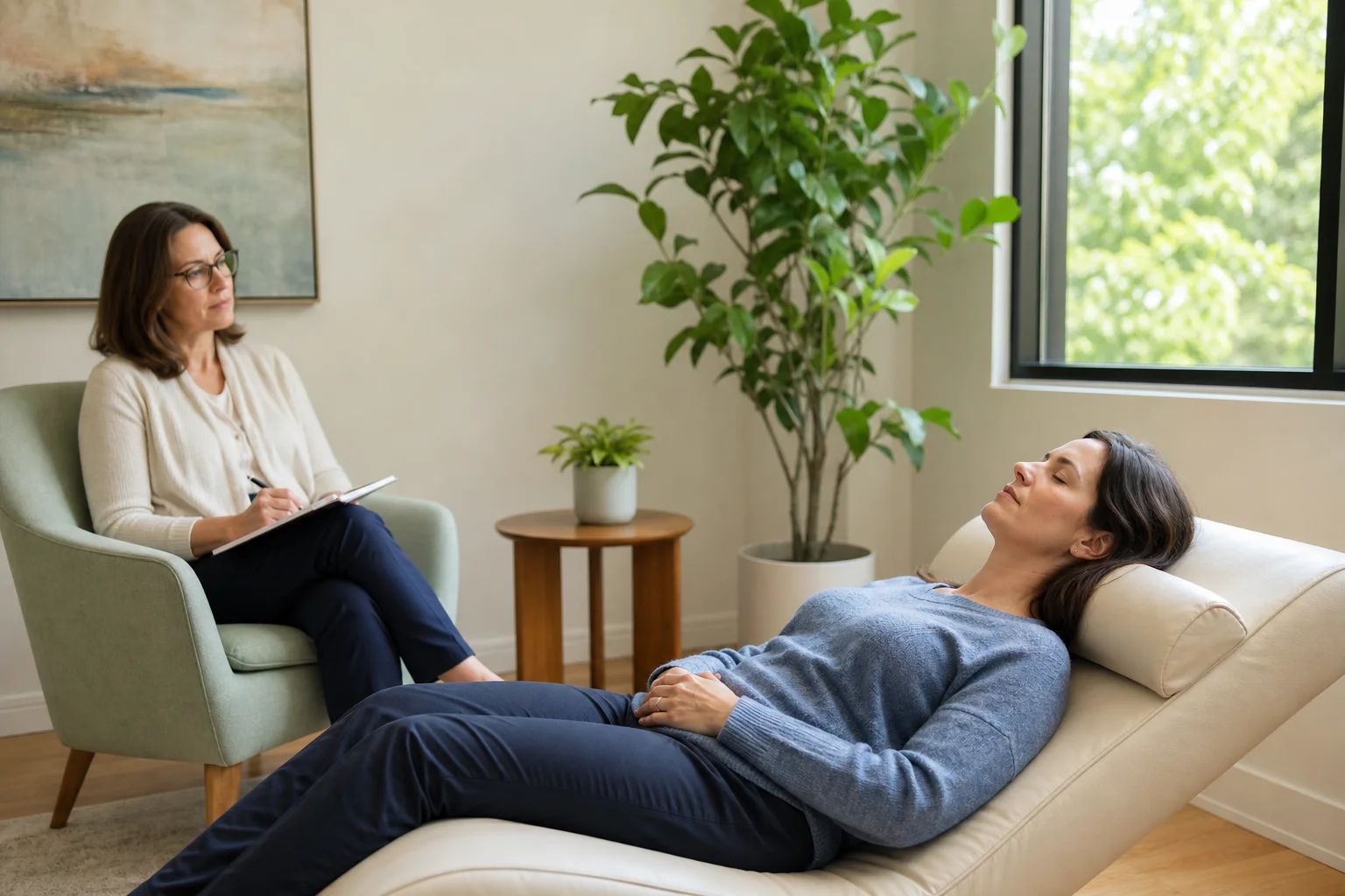 Sesión profesional de relajación guiada con una mujer recostada y una facilitadora sentada a distancia en una consulta luminosa