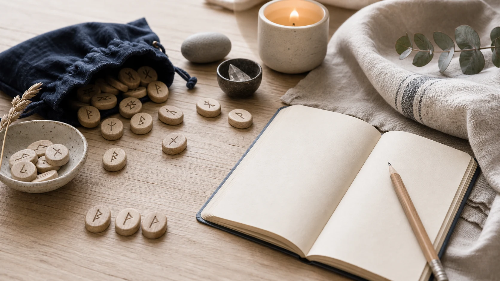 Set de runas de madera junto a un cuaderno abierto en una mesa tranquila